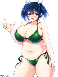 Rule 34 | 10s, 1girl, 2017, aqua eyes, belly, blue hair, blush, breasts, cleavage, hair ribbon, highres, kanikan (defcom137), kantai collection, large breasts, looking at viewer, navel, open mouth, plump, ribbon, short hair, simple background, smile, solo, souryuu (kancolle), standing, sweat, swimsuit, white background