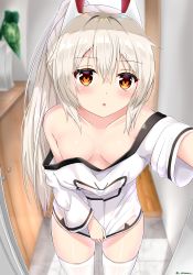 Rule 34 | 1girl, ayanami (azur lane), ayanami (niconico) (azur lane), azur lane, bare shoulders, blush, breasts, brown eyes, brown hair, commentary request, doorway, downblouse, embarrassed, headgear, highres, indoors, leaning forward, long hair, no bra, no pants, off shoulder, open mouth, outstretched arm, ponytail, pov doorway, shirt, shirt tug, short sleeves, sironora, small breasts, solo, standing, t-shirt, thighhighs, thighs, white shirt, white thighhighs, zettai ryouiki