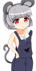 Rule 34 | 1girl, alternate costume, animal ears, collarbone, cowboy shot, grey hair, hand on own hip, jewelry, light frown, looking at viewer, mouse ears, mouse tail, naked overalls, nazrin, no shirt, oni tofu, overalls, pendant, red eyes, short hair, simple background, solo, strap slip, sweatdrop, tail, touhou