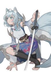 Rule 34 | 1girl, absurdres, ahoge, animal ears, aqua eyes, armpits, artist request, bell, breasts, detached sleeves, feet, grey hair, hair ornament, hand tattoo, highres, holding, holding weapon, indie virtual youtuber, japanese clothes, katana, kimono, kneeling, light blush, looking to the side, medium breasts, nails, sayu (vtuber), serious, short hair, shoulder tattoo, skirt, sword, tattoo, toeless legwear, toes, virtual youtuber, weapon, white background, x hair ornament