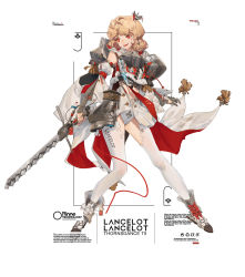 Rule 34 | 1girl, absurdres, blonde hair, bow, brown sleeves, clothing cutout, commentary, detached sleeves, english text, fur trim, highres, hip armor, holding, holding weapon, ibara dance, long sleeves, medium hair, navel, original, parted lips, red bow, red eyes, simple background, slit pupils, smile, solo, stomach cutout, teardrop facial mark, teeth, thighhighs, upper teeth only, v-shaped eyebrows, weapon, white background, white footwear, white sleeves, white thighhighs