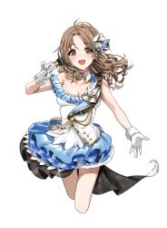 Rule 34 | 1girl, absurdres, armpit crease, beyond the bluesky (idolmaster), blush, breasts, brown hair, cleavage, cropped legs, detached collar, frilled shirt, frills, fur-trimmed gloves, fur trim, gloves, highres, holding, holding microphone, ichikawa hinana, idolmaster, idolmaster shiny colors, layered skirt, looking at viewer, medium breasts, microphone, parted bangs, shirt, simple background, skirt, smile, solo, tachibana wataru (123tsuki), white background, white gloves