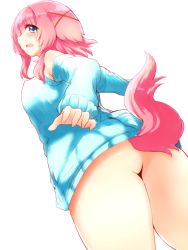 Rule 34 | 1girl, animal ears, ass, bare legs, bare shoulders, blue eyes, bottomless, detached sleeves, ears down, from below, kanae (naomi), looking at viewer, looking down, naked sweater, nanashin naomi, no panties, off-shoulder, off-shoulder sweater, off shoulder, original, pink hair, simple background, solo, sweater, tail, tears, white background