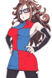 Rule 34 | 1girl, android 21, areola slip, bare shoulders, black-framed eyewear, black nails, black pantyhose, blue dress, blue eyes, blush, breasts, brown hair, checkered clothes, checkered dress, covered erect nipples, detached sleeves, dragon ball, dragon ball fighterz, dress, earrings, fingernails, glasses, glint, hair between eyes, hands on own hips, highres, hoop earrings, jewelry, large breasts, legs apart, long hair, long sleeves, messy hair, misonou hirokichi, multicolored clothes, multicolored dress, nail polish, no bra, pantyhose, red dress, ring, short dress, sideboob, simple background, sleeveless, sleeveless dress, sleeves past wrists, solo, sparkle, standing, turtleneck, white background