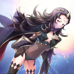 Rule 34 | 1girl, black hair, bodystocking, book, breasts, cleavage, covered navel, facial mark, fire emblem, fire emblem fates, forehead mark, gradient background, holding, holding book, long hair, messy hair, nintendo, nyx (fire emblem), red eyes, see-through, shuri yasuyuki, small breasts, solo, sparkle, tiara, twitter username, veil