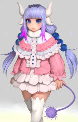 Rule 34 | 1girl, absurdres, beads, blue eyes, blunt bangs, blush, capelet, dragon girl, dragon horns, expressionless, eyebrows hidden by hair, hair ornament, hairband, highres, horns, kanna kamui, kobayashi-san chi no maidragon, long hair, low twintails, randy (awesomevillage), solo, tail, thighhighs, twintails