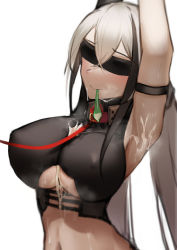 Rule 34 | 1girl, armpits, arms up, black blindfold, blindfold, breasts, closed mouth, collar, condom, covered eyes, cum, cum on armpits, cum on body, cum on breasts, cum on upper body, erect nipples, gaia (girls frontline), girls frontline, hair between eyes, highres, large breasts, leash, long hair, low twintails, mouth hold, periory, sangvis ferri, silver hair, simple background, smile, solo, sweat, twintails, underboob, upper body, used condom, white background