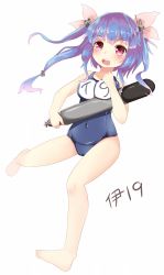 Rule 34 | 10s, 1girl, bad id, bad pixiv id, barefoot, blue hair, cupen, highres, i-19 (kancolle), kantai collection, long hair, one-piece swimsuit, open mouth, personification, red eyes, school swimsuit, solo, swimsuit, torpedo, twintails