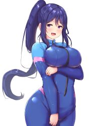 Rule 34 | 1girl, :d, arm under breasts, blue bodysuit, blue hair, blush, bodysuit, breast hold, breasts, contrapposto, cowboy shot, diving suit, hair between eyes, high ponytail, highres, large breasts, long hair, looking at viewer, love live!, love live! sunshine!!, matsuura kanan, open mouth, purple eyes, shinonon (iso shino), sidelocks, simple background, skin tight, smile, solo, very long hair, wetsuit, white background