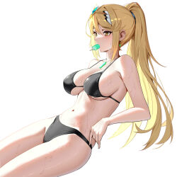 Rule 34 | 1girl, absurdres, alternate costume, alternate hairstyle, bikini, black bikini, blonde hair, breasts, chest jewel, chinese commentary, commentary request, core crystal (xenoblade), drop earrings, earrings, food, food in mouth, from side, hair between eyes, highres, jewelry, large breasts, long hair, mythra (xenoblade), navel, northman, ponytail, popsicle, sideboob, solo, star (symbol), star earrings, sweat, swept bangs, swimsuit, tiara, white background, xenoblade chronicles (series), xenoblade chronicles 2, yellow eyes