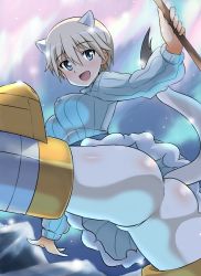 Rule 34 | 10s, 1girl, :d, animal ears, ass, aurora, blonde hair, blue eyes, blush, brave witches, breasts, covered erect nipples, ermine ears, ermine tail, flying, from behind, highres, holding, large breasts, long sleeves, looking back, military, military uniform, mountain, nikka edvardine katajainen, open mouth, outdoors, pantyhose, ribbed sweater, short hair, sky, smile, solo, spread legs, star (sky), strike witches, striker unit, sweater, tail, turtleneck, uniform, weasel ears, weasel tail, white pantyhose, world witches series, yumekaranigeruna