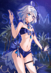Rule 34 | 1girl, :o, absurdres, ahoge, bandeau, bare arms, bare shoulders, beach, bikini, blue bikini, blue bow, blue eyes, blue hair, blue sky, bow, breasts, cloud, commentary, cowboy shot, detached collar, furina (genshin impact), genshin impact, hair bow, hand up, highres, long hair, looking at viewer, multicolored hair, navel, night, night sky, no headwear, ocean, outdoors, palm tree, parted lips, safium, sky, small breasts, solo, standing, stomach, strapless, strapless bikini, streaked hair, swimsuit, thigh strap, thighs, tree, very long hair, water, white hair, wrist cuffs