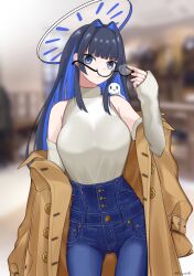 Rule 34 | 1girl, bare shoulders, black-framed eyewear, black hair, blue eyes, blue hair, blurry, blurry background, boros (ouro kronii), breasts, buttons, casual, coat, colored inner hair, commentary, cowboy shot, denim, detached sleeves, earrings, unworn eyewear, glasses, hair intakes, halo, high-waist pants, highres, hime cut, holding, holding removed eyewear, hololive, hololive english, jeans, jewelry, kanadeho, large breasts, long hair, long sleeves, looking at viewer, mechanical halo, multicolored hair, off-shoulder coat, off shoulder, official alternate costume, official alternate hair length, official alternate hairstyle, ouro kronii, ouro kronii (casual), pants, semi-rimless eyewear, shirt, sleeveless, sleeveless shirt, solo, standing, straight hair, turtleneck, two-tone hair, virtual youtuber, white shirt