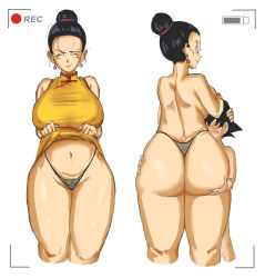Rule 34 | 1boy, 1girl, ass, ass grab, black hair, black panties, blush, breasts, chi-chi (dragon ball), closed eyes, clothes lift, covered erect nipples, cowboy shot, dragon ball, dragonball z, dress, dress lift, earrings, hair bun, highres, huge ass, huge breasts, incest, jewelry, large breasts, mature female, mother and son, navel, panarandom, panties, single hair bun, son goten, standing, thong, underwear, viewfinder, yellow dress