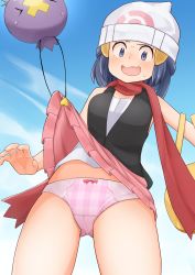 Rule 34 | 1girl, bag, bare arms, beanie, black shirt, blue eyes, blush, breasts, cameltoe, clothes lift, commentary, creatures (company), dawn (pokemon), day, drifloon, eyelashes, game freak, gen 4 pokemon, hair ornament, hairclip, hat, highres, looking down, nintendo, open mouth, outdoors, panties, pink skirt, pokemon, pokemon (creature), pokemon dppt, red scarf, scarf, shirt, skirt, skirt lift, sky, sleeveless, sleeveless shirt, sweat, underwear, white headwear, yellow bag, yotubawatane