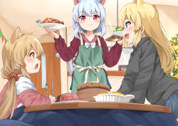 Rule 34 | + +, 3girls, :d, animal ear fluff, animal ears, apron, black sweater, blue eyes, blue skirt, blurry, blurry background, bow, brown hair, cat ears, cat girl, cat tail, christmas, christmas ornaments, christmas tree, closed mouth, commentary request, depth of field, door, drooling, food, fork, green apron, hair ornament, hair scrunchie, highres, holding, holding fork, holding knife, holding plate, indoors, knife, kotatsu, long hair, long sleeves, multiple girls, open mouth, original, pennant, pink sweater, plate, profile, puffy long sleeves, puffy sleeves, red eyes, red scrunchie, red shirt, saliva, scrunchie, shirt, skirt, sleeves past wrists, smile, sora (silent square), string of flags, sweater, table, tail, very long hair, white bow