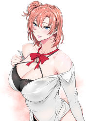 Rule 34 | 10s, 1girl, bare shoulders, blue eyes, breasts, cleavage, collarbone, eyelashes, fei (maidoll), highres, huge breasts, large breasts, light smile, lips, lipstick, long hair, looking at viewer, makeup, pink lips, red hair, simple background, solo, thick lips, white background, yahari ore no seishun lovecome wa machigatteiru., yuigahama yui
