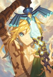 Rule 34 | 1boy, archaic set (zelda), arm up, closed mouth, day, earrings, green eyes, hand up, holding, holding sword, holding weapon, jewelry, link, long hair, looking at viewer, male focus, master sword, miri (cherryjelly), nintendo, outdoors, pointy ears, solo, sword, the legend of zelda, the legend of zelda: breath of the wild, upper body, weapon