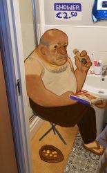 Rule 34 | 1boy, absurdres, bare shoulders, bathroom, closed mouth, crossed legs, electric toothbrush, fat, faucet, grey hair, highres, holding, holding magazine, holo tape, indoors, magazine (object), male focus, money, obese, on stool, open door, original, photo background, shirt, sink, sitting, sleeveless, sleeveless shirt, slippers, soap, solo, toothpaste, ugly man, white shirt