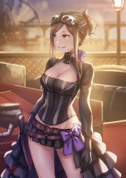 Rule 34 | 1girl, artist request, blush, breasts, brown eyes, brown hair, cleavage, dorothy (princess principal), flower, goggles, goggles on head, groin, highres, knife, large breasts, princess principal, resolution mismatch, skirt, smile, solo, source larger, source request, teeth