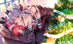Rule 34 | 1girl, amatsukaze (kancolle), ass, biting, blush, breasts, christmas tree, commentary request, glove biting, gloves, hair tubes, highres, irokiiro, kantai collection, long hair, looking at viewer, panties, red thighhighs, side-tie panties, silver hair, solo, striped clothes, striped thighhighs, thighhighs, twitter username, two side up, underwear, yellow eyes