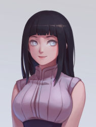 Rule 34 | 1girl, arms at sides, bare shoulders, bei ju luoxuan wan, black hair, blue eyes, blunt bangs, breasts, grey background, grey eyes, hyuuga hinata, large breasts, long hair, looking at viewer, naruto (series), naruto shippuuden, simple background, smile, solo, upper body