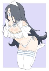 Rule 34 | bad id, bad twitter id, bare shoulders, bikini, black hair, blue bikini, blue eyes, blue ribbon, breasts, cleavage, closed mouth, criss-cross halter, detached collar, donguri suzume, gloves, hair over one eye, halterneck, hands up, highres, long hair, looking at viewer, neck ribbon, one eye covered, original, puffy short sleeves, puffy sleeves, purple background, ribbon, short sleeves, simple background, smile, solo, striped bikini, striped clothes, swimsuit, thighhighs, triangular headpiece, white gloves, white thighhighs
