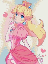 Rule 34 | 1girl, blonde hair, blue eyes, blush stickers, breasts, brooch, cowboy shot, crown, dress, earrings, elbow gloves, finger to mouth, gloves, hair between eyes, heart, jewelry, lips, long hair, looking at viewer, mario (series), medium breasts, nintendo, pink dress, princess peach, puffy short sleeves, puffy sleeves, short sleeves, shuri (84k), smile, solo, twitter username, white gloves