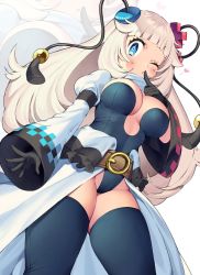 Rule 34 | 1girl, black gloves, black thighhighs, blonde hair, blue eyes, blunt bangs, blush, breasts, character request, copyright request, detached sleeves, gloves, heart, highres, iroyopon, large breasts, long hair, long sleeves, looking at viewer, solo, thighhighs