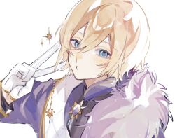 Rule 34 | :o, bishounen, blonde hair, blue eyes, brooch, cape, close-up, daifugo happy, double-parted bangs, ensemble stars!, fur cape, gloves, hair between eyes, hair over one eye, half gloves, hand up, head tilt, highres, jacket, jewelry, layered clothes, long sleeves, male focus, portrait, short hair, side cape, simple background, solo, star (symbol), teeth, tenshouin eichi, three quarter view, v, white background, white gloves