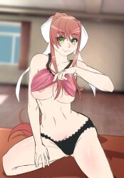 Rule 34 | bow, brown hair, clothes lift, doki doki literature club, green eyes, highres, lace, lace-trimmed panties, lace trim, moca 1atte, monika (doki doki literature club), nipple slip, nipples, panties, pink shirt, ponytail, shirt, shirt lift, underwear