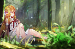 Rule 34 | asuna (sao), black gloves, blonde hair, blurry, blurry foreground, braid, breasts, bug, butterfly, cleavage, crown braid, day, elbow gloves, forest, gloves, grass, insect, knee up, long hair, midriff, nature, outdoors, pointy ears, profile, red eyes, sitting, skirt, small breasts, solo, sunlight, sword art online, tree, very long hair, white skirt, xiao feng
