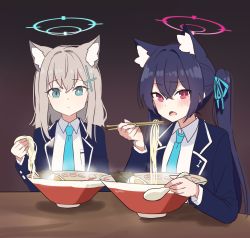 Rule 34 | 2girls, absurdres, ai drawing anime characters eating ramen (meme), animal ear fluff, animal ears, black hair, blue archive, blue eyes, blue jacket, blue necktie, brown background, chopsticks, eating, goyain, gradient background, grey hair, highres, jacket, looking at viewer, meme, mismatched pupils, multiple girls, necktie, red eyes, serika (blue archive), shiroko (blue archive), shirt, steam, twintails, white shirt