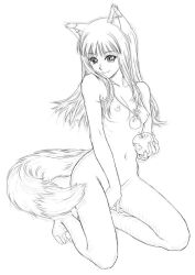 Rule 34 | 00s, 1girl, animal ears, apple, bad id, bad pixiv id, barefoot, breasts, female focus, food, fruit, greyscale, holo, kneeling, long hair, mihoto kouji, monochrome, nipples, nude, sketch, small breasts, solo, spice and wolf, tail, wolf ears, wolf tail