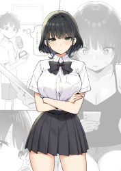 Rule 34 | 1boy, 1girl, black bow, black bowtie, black hair, black skirt, blush, bow, bowtie, breast pocket, closed mouth, collared shirt, commentary, cowboy shot, crossed arms, green eyes, highres, looking at viewer, mio (sky-freedom), multiple views, original, parted lips, pocket, school uniform, shirt, shirt tucked in, short hair, short sleeves, skirt, sky-freedom, thighs, white shirt