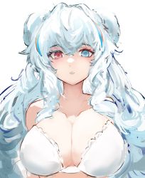 Rule 34 | 1girl, animal ears, arknights, bare shoulders, bear ears, blue eyes, blue hair, blush, bra, breasts, cleavage, collarbone, commentary, english commentary, gnai, heterochromia, highres, large breasts, long hair, looking at viewer, multicolored hair, parted lips, red eyes, red hair, rosa (arknights), silver hair, simple background, solo, streaked hair, underwear, underwear only, upper body, very long hair, white background, white bra