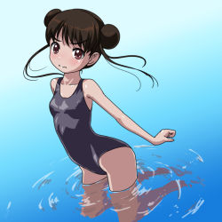 Rule 34 | 1girl, bad id, bad pixiv id, blue one-piece swimsuit, blue school swimsuit, blush, brown eyes, brown hair, collarbone, dot nose, double bun, flat chest, from side, full body, gradient background, hair bun, looking at viewer, looking to the side, one-piece swimsuit, original, partially submerged, rohitsuka, school swimsuit, short hair, short hair with long locks, solo, swimsuit, water, wavy mouth