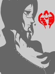 Rule 34 | 1girl, artist request, baroness (g.i. joe), breasts, cleavage, g.i. joe, glasses, grey background, heart, large breasts, monochrome, simple background, solo, spot color