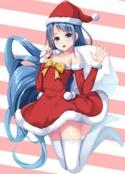 Rule 34 | 1girl, blue eyes, blue hair, blush, collarbone, full body, hat, highres, holding, holding sack, kantai collection, long hair, open mouth, pom pom (clothes), red hat, ruin re birth, sack, samidare (kancolle), santa costume, santa hat, smile, solo, thighhighs, white thighhighs