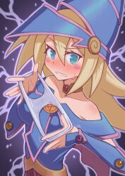 1girl @_@ blonde_hair blue_eyes blue_hat blush blush_stickers choker collarbone dark_magician_girl duel_monster electricity embarrassed eyelashes hair_between_eyes hat hibun_tsukasa highres holding holding_clothes holding_panties holding_underwear panties solo tears underwear wizard_hat yu-gi-oh!