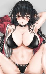 Rule 34 | 1girl, absurdres, armpits, arms up, azur lane, bikini, black bikini, black choker, black hair, blush, breasts, choker, cleavage, collarbone, commentary request, crossed bangs, grey background, highres, jacket, large breasts, long hair, multi-strapped bikini bottom, multiple straps, navel, no legwear, official alternate costume, open mouth, race queen, red eyes, red jacket, sherlock hime, simple background, solo, spread legs, swimsuit, taihou (azur lane), taihou (enraptured companion) (azur lane)