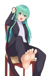 Rule 34 | 1girl, :o, alternate costume, aqua eyes, aqua hair, barefoot, black pants, business suit, chair, eirika (fire emblem), feet, female focus, femdom, fire emblem, foot focus, formal, hair between eyes, highres, holding, holding leash, jacket, leash, long hair, looking at viewer, masou, nintendo, office lady, open clothes, open jacket, open mouth, pants, pinstripe pattern, pov, simple background, sitting, soles, solo, striped, suit, toes, very long hair, white background