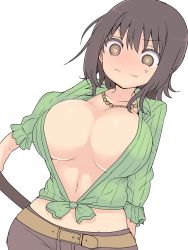 Rule 34 | 1girl, absurdres, artist request, belt, blush, breasts, brown eyes, brown hair, cleavage, embarrassed, full-face blush, highres, itsuwa, jewelry, large breasts, midriff, navel, necklace, pants, short hair, solo, toaru majutsu no index