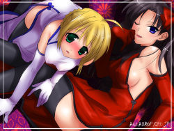 Rule 34 | 00s, 2girls, ahoge, artoria pendragon (all), artoria pendragon (fate), blonde hair, blush, china dress, chinese clothes, dress, elbow gloves, fate/stay night, fate (series), gloves, mikami mika, multiple girls, one eye closed, parted bangs, red gloves, saber (fate), thighhighs, tohsaka rin, white gloves, wink