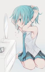 Rule 34 | 1girl, absurdres, alternate hair length, alternate hairstyle, aqua eyes, aqua hair, aqua necktie, bare shoulders, black skirt, blush, chest of drawers, commentary, from side, grey background, grey shirt, hair tie, hair tie in mouth, hands in hair, hands up, hatsune miku, highres, hitode, looking at mirror, looking to the side, miniskirt, mirror, mouth hold, necktie, pleated skirt, ponytail, seiza, shirt, sitting, skirt, sleeveless, sleeveless shirt, solo, translated, tying hair, vocaloid