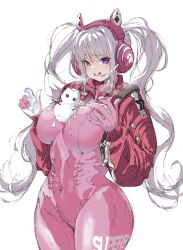 Rule 34 | 1girl, :d, absurdres, alice (nikke), animal ear headphones, animal ears, between breasts, bodysuit, breasts, covered navel, cropped jacket, curvy, fake animal ears, gloves, goddess of victory: nikke, grey hair, hair between eyes, headphones, headset, highres, hii (motorholic), impossible bodysuit, impossible clothes, jacket, large breasts, latex, latex bodysuit, long hair, melting, open mouth, pink bodysuit, pink eyes, pink gloves, pink jacket, shoes, sidelocks, simple background, skin tight, smile, sneakers, snowman, solo, thick thighs, thighs, twintails, two-tone gloves, white background, white gloves, wide hips