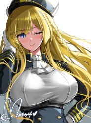 Rule 34 | 1girl, absurdres, ascot, azur lane, black cape, blonde hair, blue eyes, blue headwear, blush, braid, breasts, cape, fake horns, framed breasts, gloves, highres, hisin, horns, kongou (azur lane), large breasts, long hair, long sleeves, looking at viewer, military, one eye closed, signature, smile, solo, uniform, white ascot, white gloves
