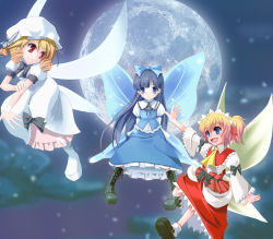 Rule 34 | 3girls, :d, blonde hair, blue dress, blue hair, dress, fairy, fairy wings, female focus, flying, frills, full body, full moon, hat, looking at viewer, looking back, luna child, mob cap, moon, multiple girls, open mouth, perfect memento in strict sense, puffy short sleeves, puffy sleeves, red dress, short sleeves, side ponytail, smile, star sapphire, sunny milk, touhou, wapokichi, white dress, wings