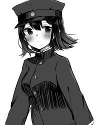 Rule 34 | 1girl, akitsu maru (kancolle), blush, breasts, commentary request, gakuran, greyscale, hat, highres, kantai collection, long sleeves, medium breasts, military, military hat, military uniform, monochrome, peaked cap, school uniform, shirasumato, short hair, simple background, solo, uniform, upper body, white background