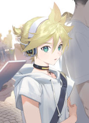 Rule 34 | 1boy, aqua eyes, bass clef, blonde hair, bloom, blurry, blurry foreground, casual, commentary, crowd, drawstring, faceless, faceless female, glowing, grey hoodie, headphones, highres, holding, holding own arm, holding phone, hood, hoodie, kagamine len, kagamine len (append), male focus, nail polish, naoko (naonocoto), outdoors, parted lips, pendant choker, phone, short ponytail, sound wave, spiked hair, upper body, vocaloid, vocaloid append, yellow nails
